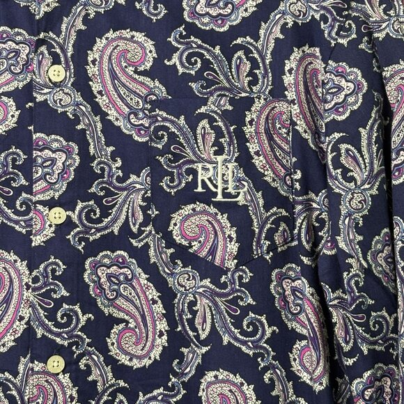 Lauren Ralph Lauren Monogram Nightgown Size M Blue Paisley Long Sleeve Button Up - Picture 2 of 12